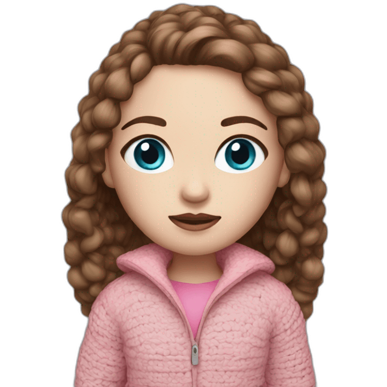 A girl with white skin, blue eyes, brown hair in a pink jacket, crochet emoji