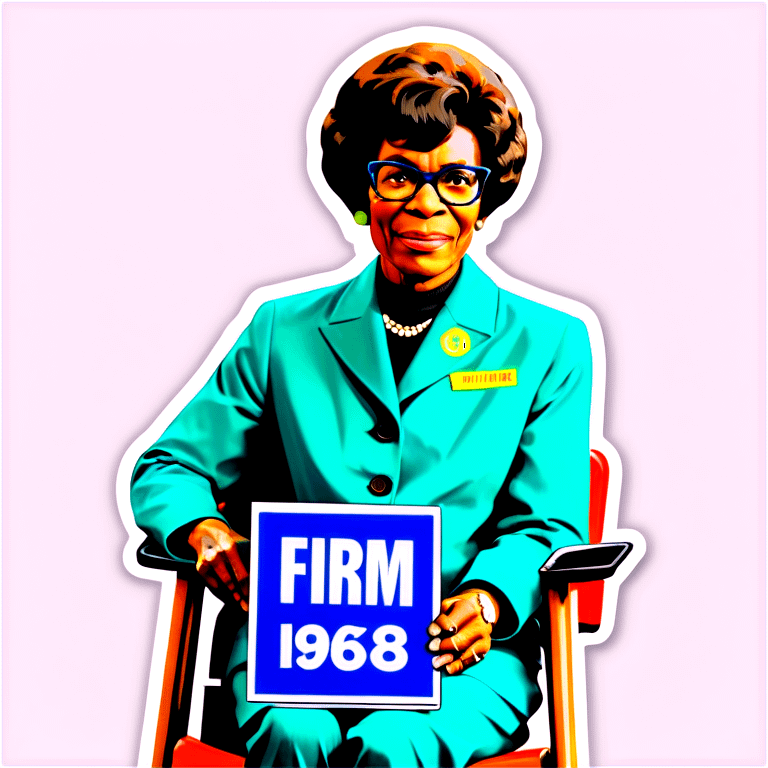 Shirley Chisholm sitting in a folding chair holding a sign that says Firm 1968 emoji