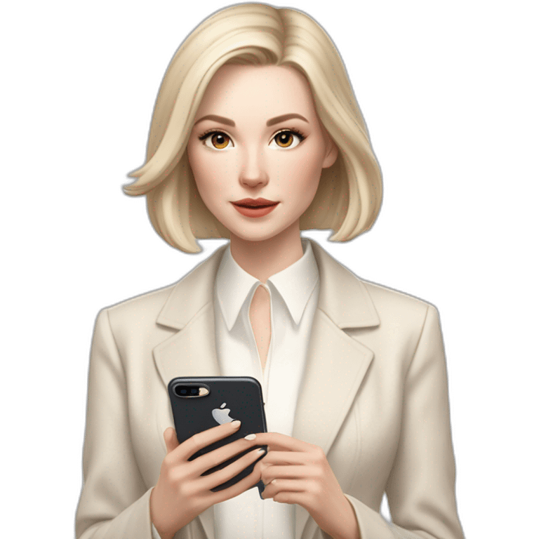 pale skin woman with ash blonde Straightened bob Hair, White Spacious classical jacket, beige palazzo Arrow pants and gray blouse holding white IPhone 14 pro in the hands emoji