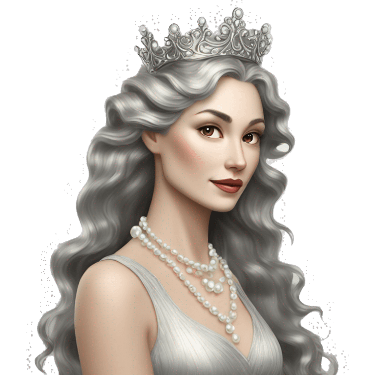 Regal pretty slender middle age woman photograph defined cheekbones high cheekbones crown vintage with very long iridescent black and silver hair wavy long hair pearl crown iridescent emoji