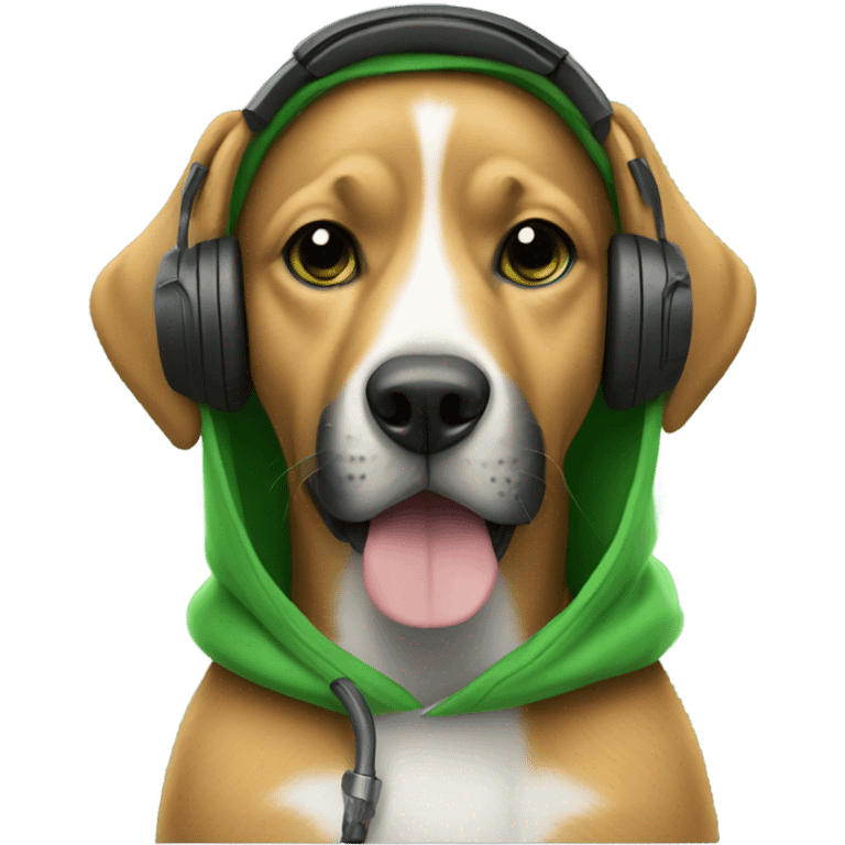 Dog wearing black headphones and a green hoodie emoji