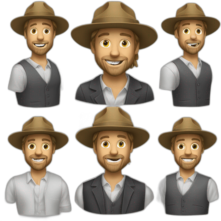 small businessman,Bucket Hat,smile, Brad Pitt, rings on his fingers, beard, vest, realistic emoji