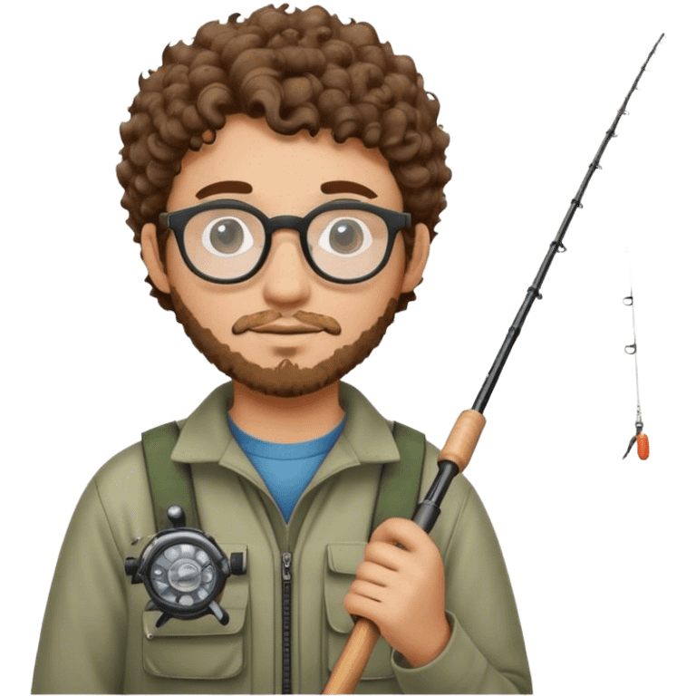 A young adult man with short curly brown hair, round glasses, light beard, wearing fishing gear and holding a fishing rod. emoji