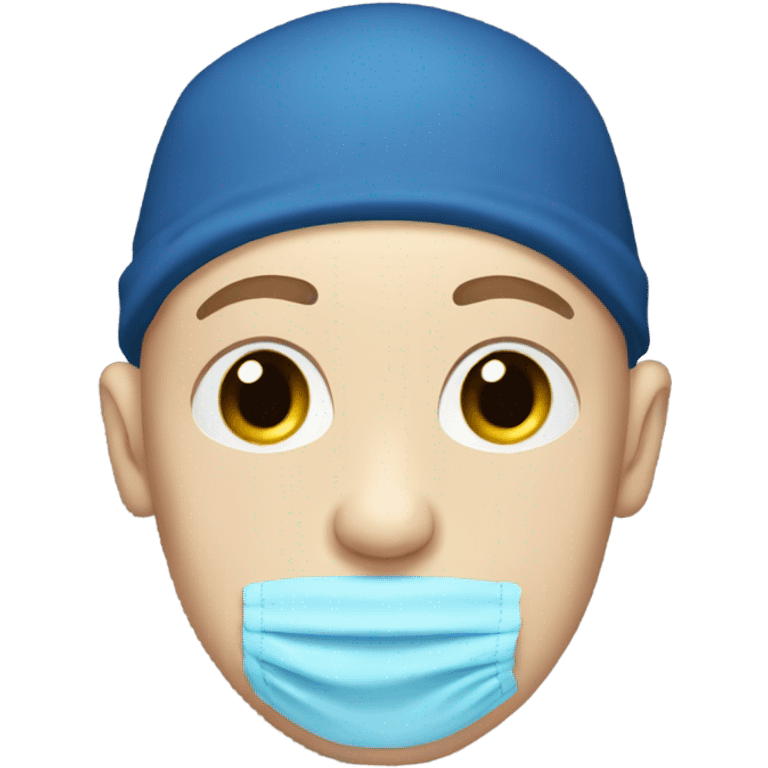 bald boy with blue eyes with gloves hat and  emoji