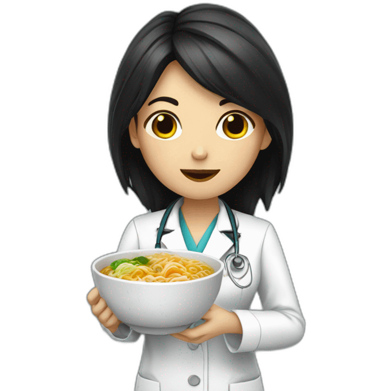 female doctor with dark hair eating ramen bowl emoji