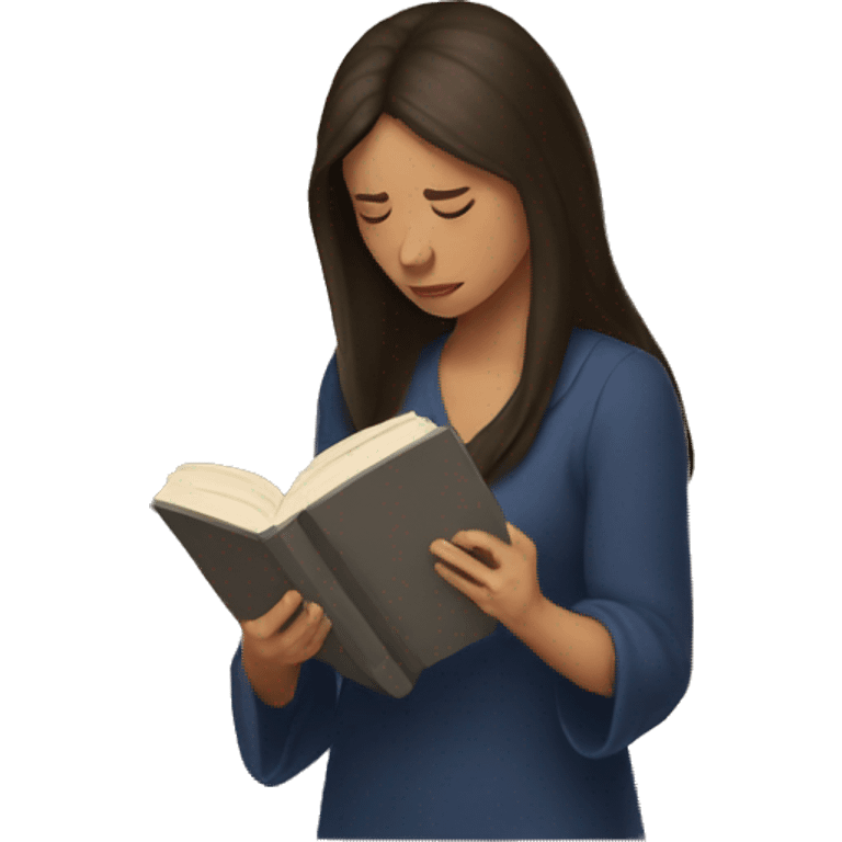 brunette long hair woman crying while holding and reading book emoji