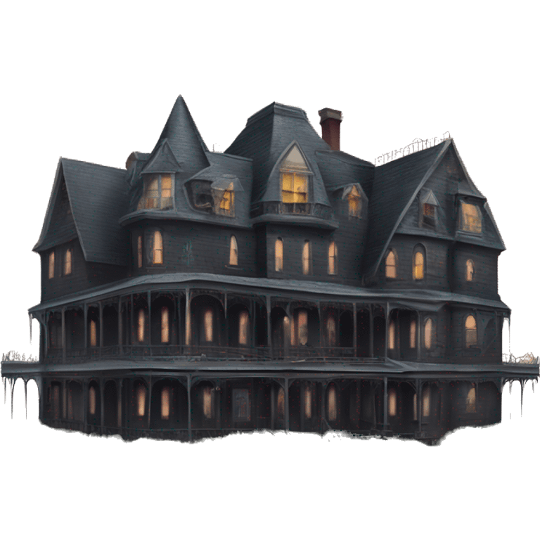 Dark dilapidated 8 story sprawling Haunted Addams manor hotel with attached garage step-van  emoji