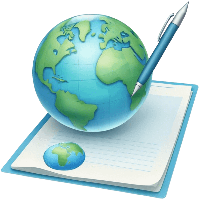 Create an emoji representing language translation. The design should feature just one globe in the background, symbolizing international communication. In front of the globe, place two books or sheets of paper with texs on them and a pen nearby to indicate the act of writing. Use a clean and professional color palette with blues, greens, and neutral tones. Make the background transparent. emoji