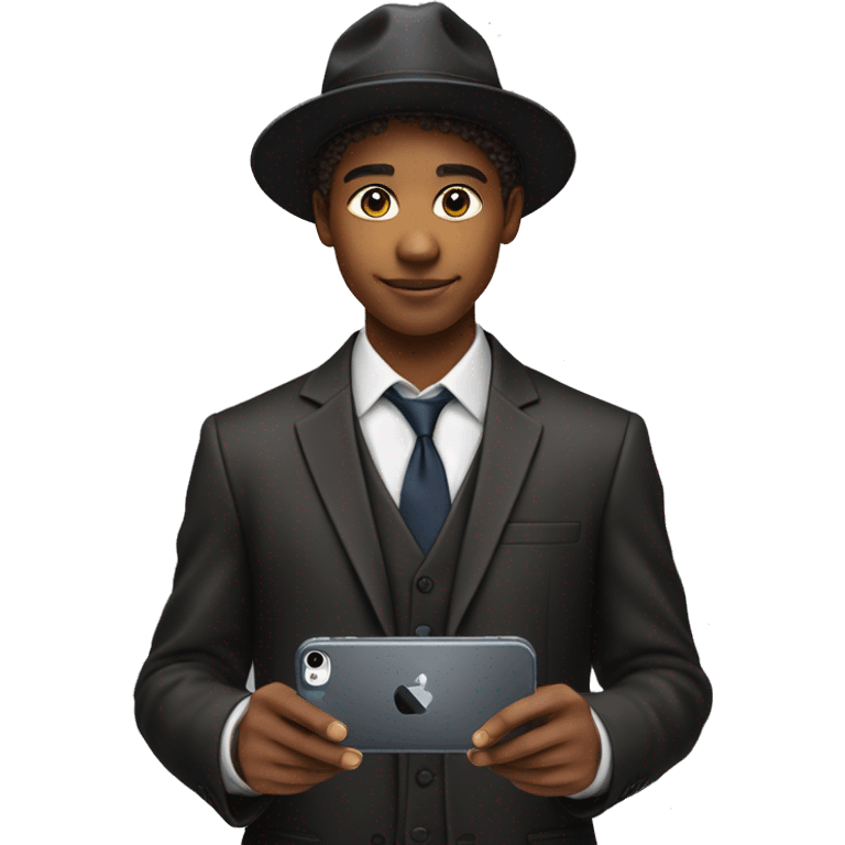 Young Man above 16 year a suit He is wearing a hat and holding an iPhone 15 Pro Max in his hand  emoji