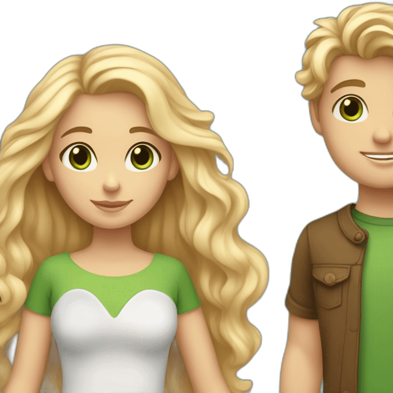 “blonde girl with tan skin and blue eyes” holding hands with “tan boy with long curly brown hair and green eyes” emoji