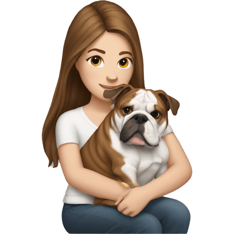 White girl with brown hair holding English bulldog emoji