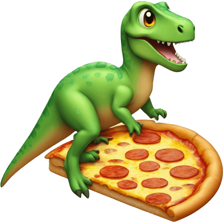 A very tiny dinosaur riding on pizza slice emoji