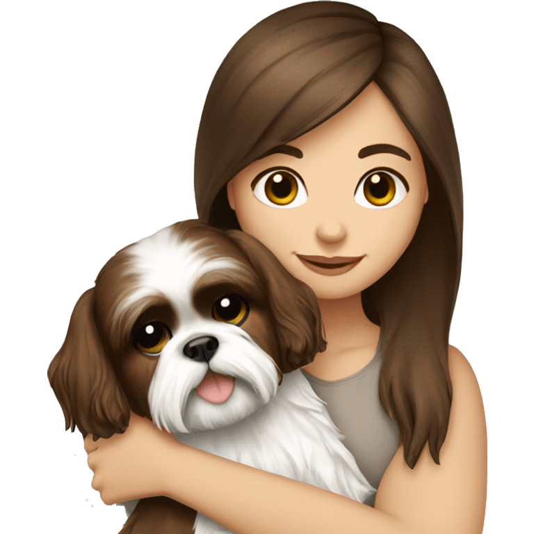 Brunette girl with brown long hair, hugging her Shih tzu white emoji