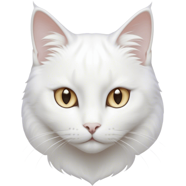 Cinematic Noble White Cat Portrait Emoji, Poised and stately, with a pristine, snow-white fur accented by delicate hints of silver, refined whiskers and a serene, focused gaze, simplified yet impeccably detailed, glowing with an ethereal radiance and timeless elegance, high shine, exuding calm intelligence and regal simplicity, soft glowing outline, capturing the essence of a noble white cat that radiates quiet majesty! emoji