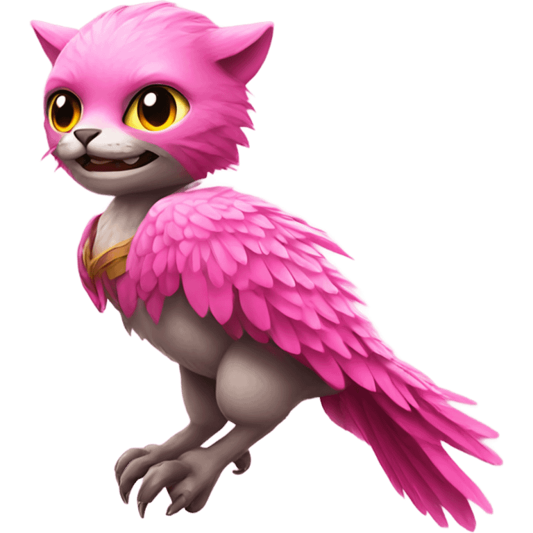 A cat riding a pink feathered raptor emoji