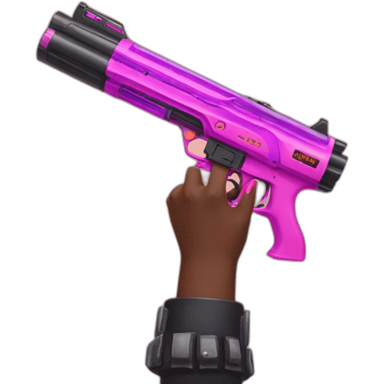 brown hand with pink nails holding large scary dark nerf gun emoji