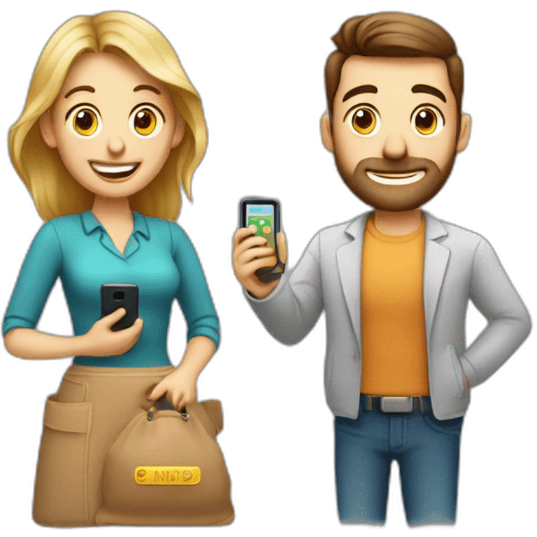 Design an emoji: Man and woman with phones in a bank, expressing surprise – "No Payees Added" for a friendly baking app interface.  emoji