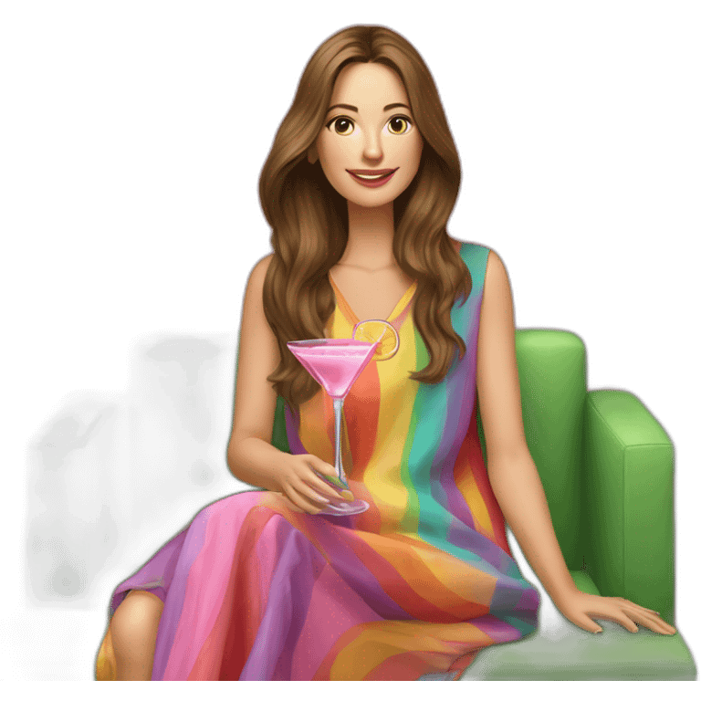 Caucasian woman with long brown hair sitting on a couch in front of a light green wall in a rainbow striped caftan holding a pink cocktail emoji