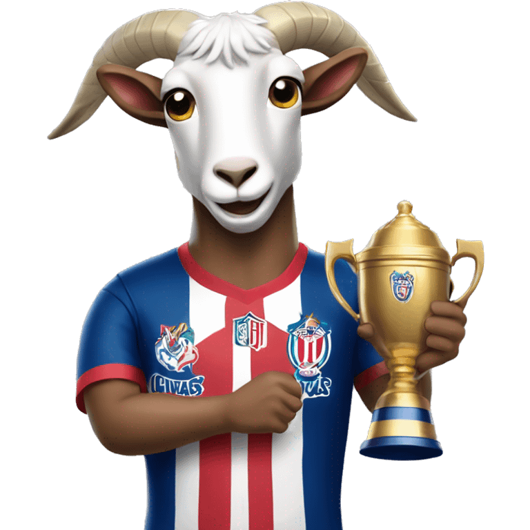 Draw a goat wearing the jersey of Chivas (a Mexican soccer team), holding a trophy in one hand. emoji