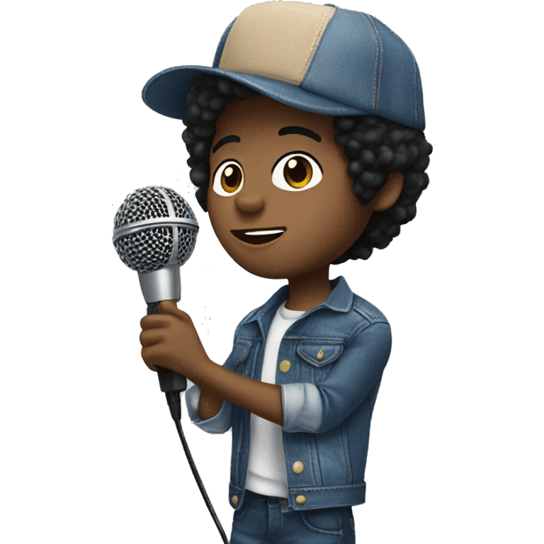 black haired boy in denim Singer microphone emoji