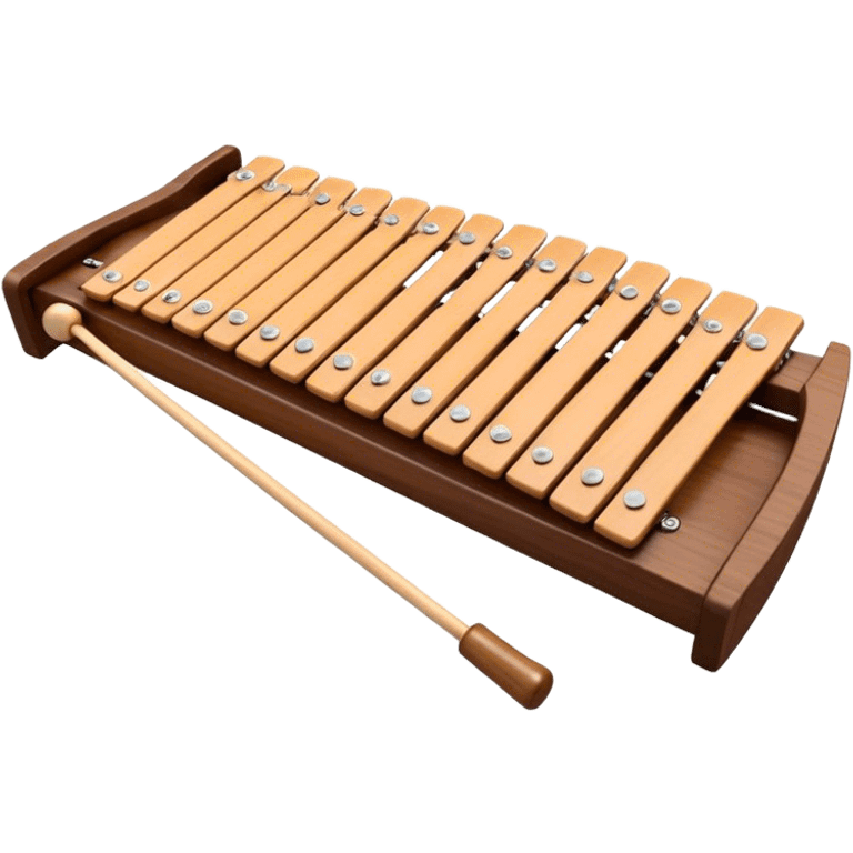 Create a vibrant and detailed emoji representing a Fleet FLT-SX37 xylophone. The design should feature the sleek wooden keys of the xylophone, arranged neatly on the frame, with metal bars clearly visible. Add the mallets placed beside the instrument or in motion, highlighting their soft rubber heads. Use warm, natural wood tones for the keys, with subtle metallic accents to reflect the professional quality of the instrument. Add small musical notes or soundwaves around the xylophone to evoke its bright, percussive sound. The background should be transparent. emoji