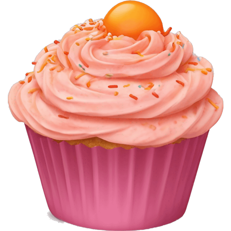 realistic cupcake with lots of light pink swirly frosting and light orange cupcake wrapper and orange and peach colored sprinkles and orange sugar sprinkles… emoji