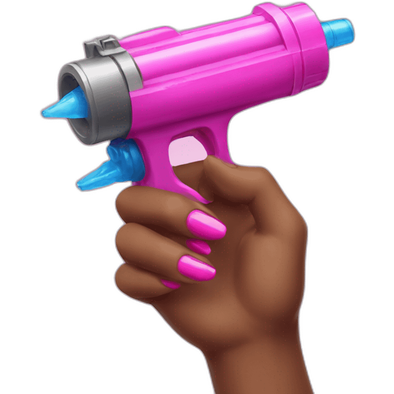 brown hand with pink nails holding large scary water gun emoji