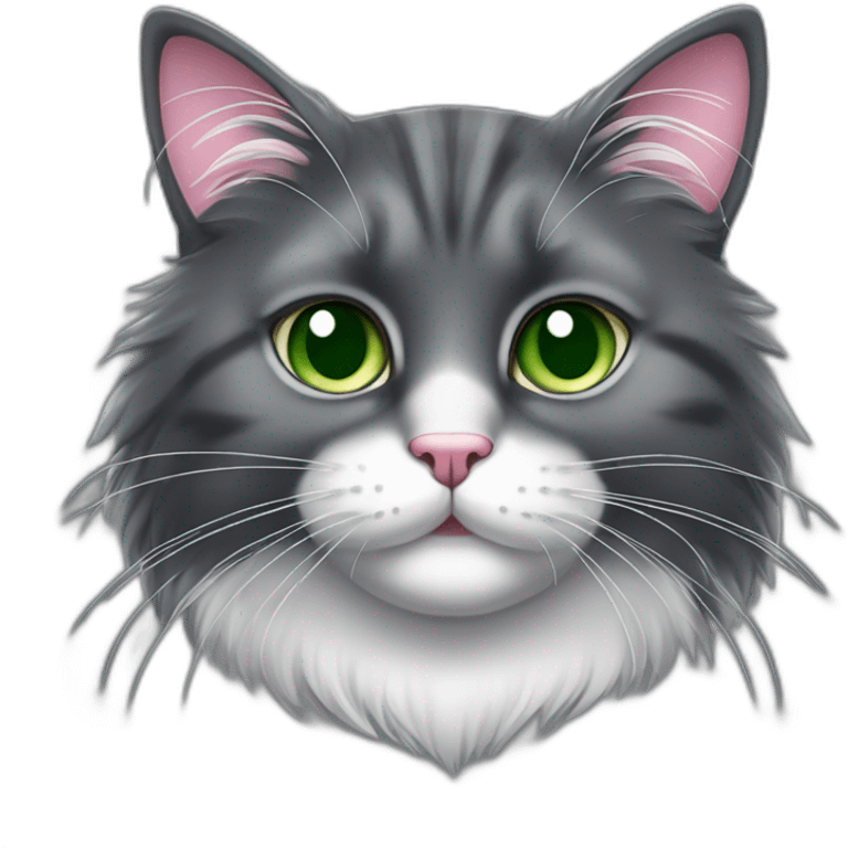 fluffy dark grey cat with pink nose, green eyes and white long whiskers, near the nose there are white spots and white breast emoji