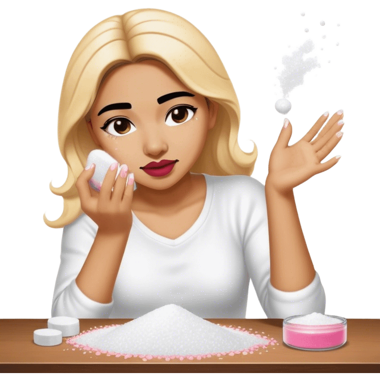 female salt bae sprinkling salt that is falling from her hand onto some makeup that is on a table emoji