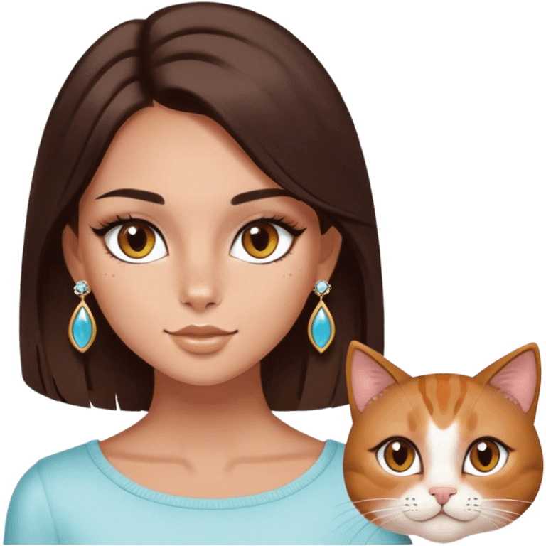 brunette girl, brown eyes, straight hair, slightly dark color, white skin, slightly tanned, cat eyes with pretty eyelashes, few freckles, earrings, beyonette lenses placed almost on the tip of the nose, toast makeup emoji