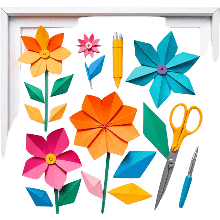 Paper crafting icon, various paper crafts like origami, 3D paper flowers, and scrapbooking materials, visible tools such as scissors, glue stick, and colour paper sheets, colorful paper patterns, minimalistic style, clean lines, transparent background. emoji