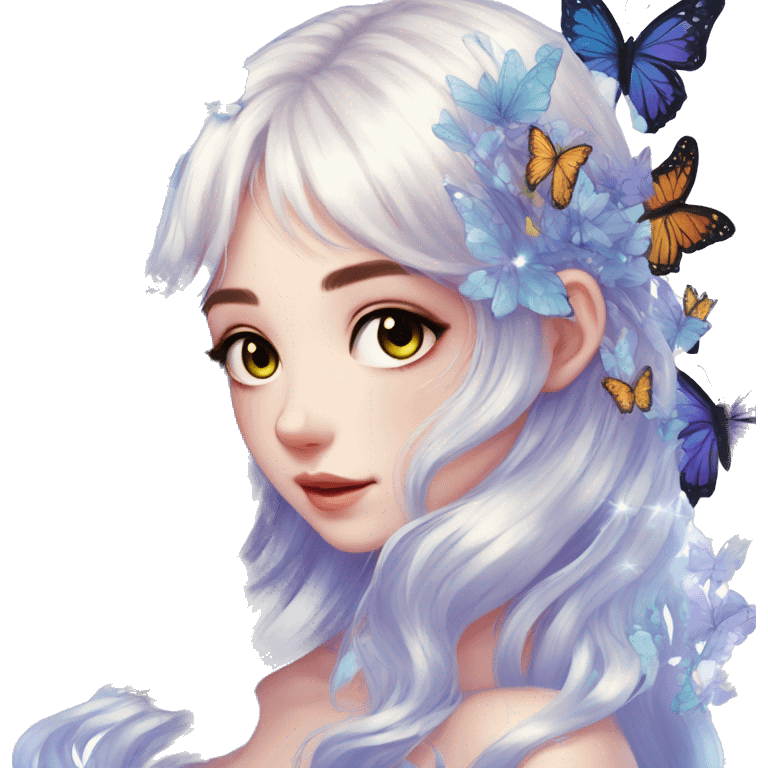 gorgeous shiny anime lady with butterflies and beautiful hair fairycore high quality detailed emoji