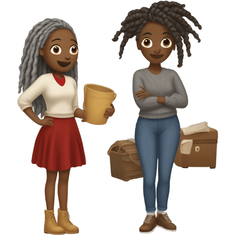 2 women, woman with gray locs, wearing pants , other woman is brown with red locs, in a knee-length dress with a cozy sweater, looking at antique items, shopping in yardsale emoji