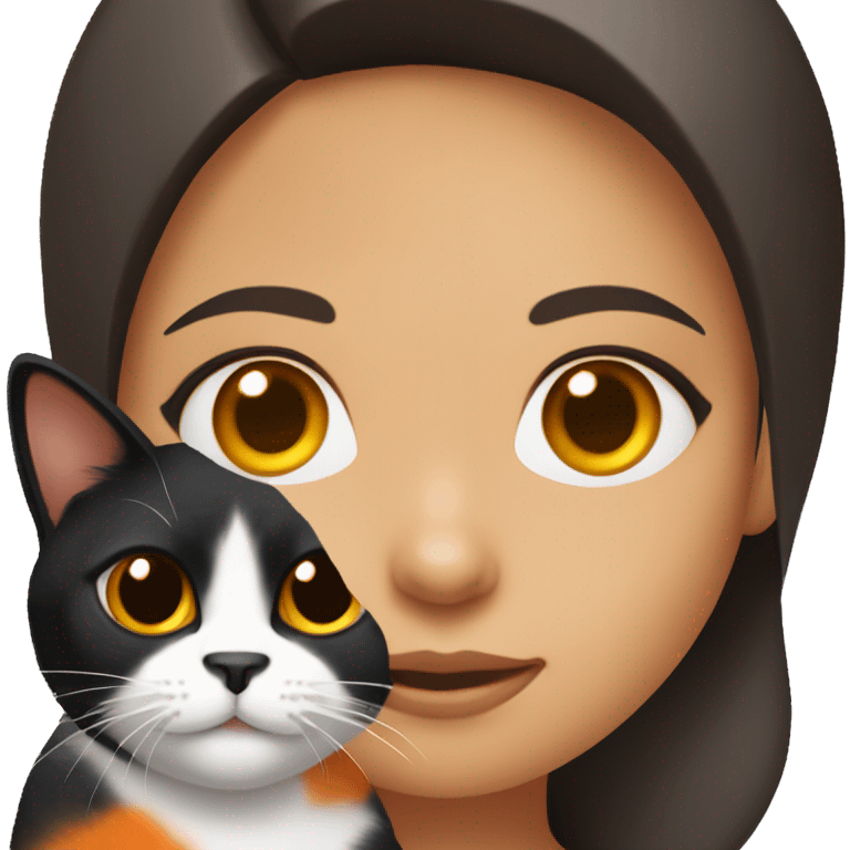 Brunette girl with brown eyes, holding a tricolor  black white and orange cat. Cat hairs are black in one side of its face and orange in the other side of its face. emoji