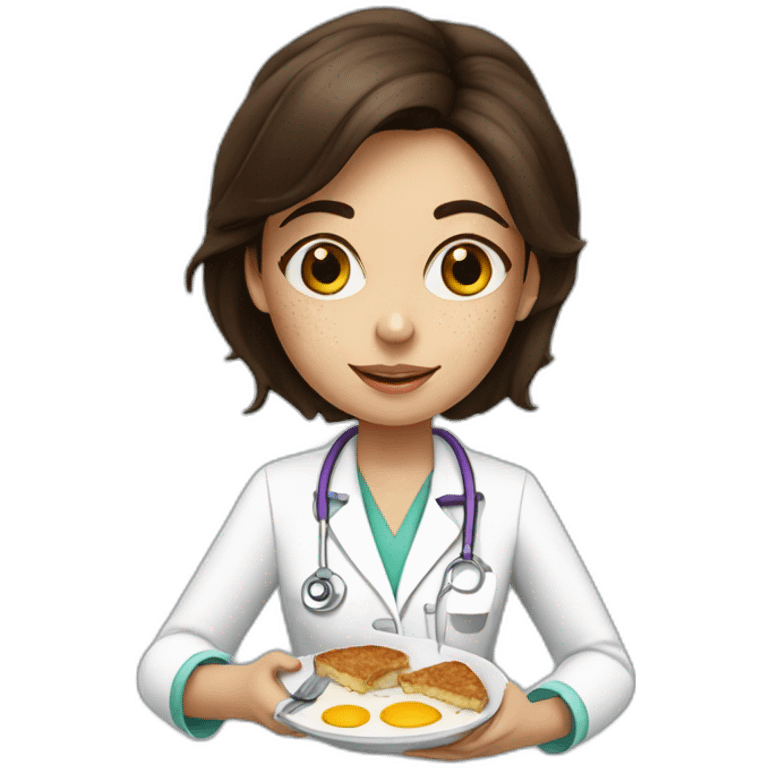 Brunette Doctor Girl with freckles eating breakfast emoji