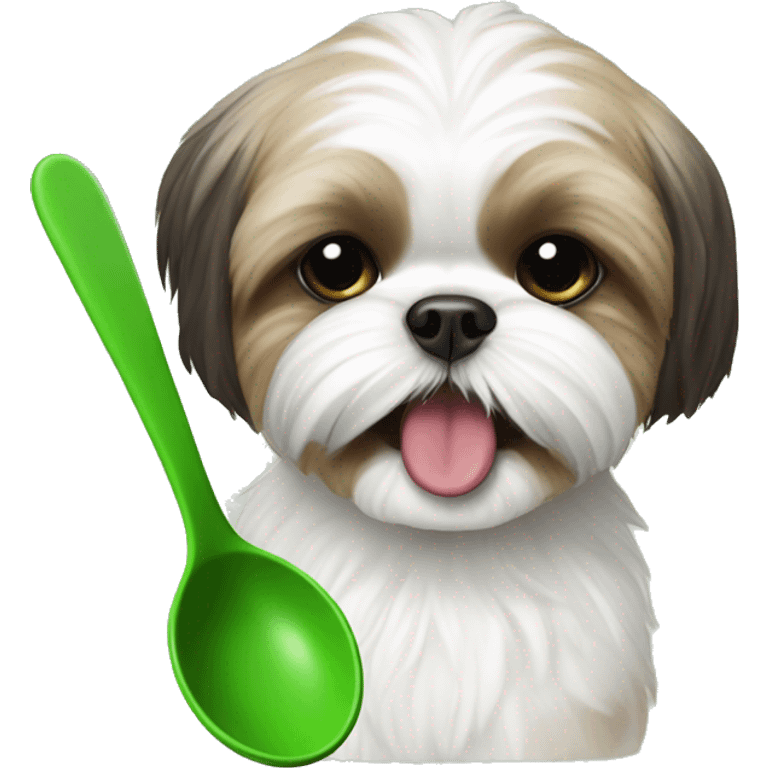 Shihtzu biting a green spoon emoji