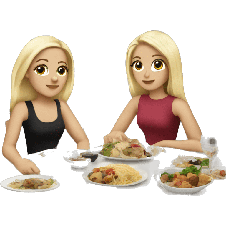 White Girl with black hair sitting at dinner with two blonde friends emoji