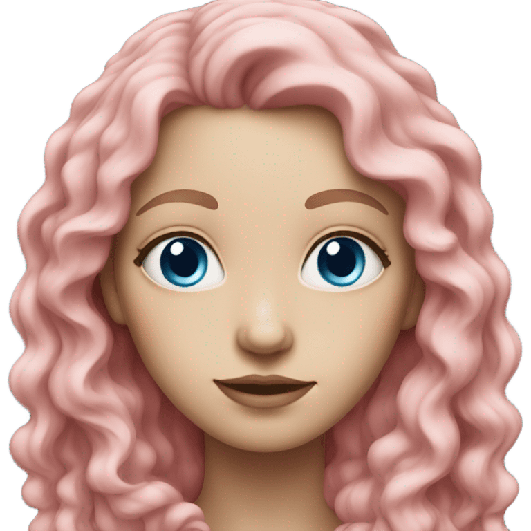 Pale white woman with blue eyes and long pink curly hair emoji