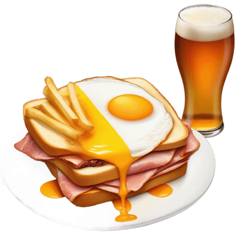 Francesinha sandwich from Porto, Portugal: two thick bread slices with ham, linguiça, and steak inside, covered in melted cheese, topped with a fried egg, and surrounded by rich orange beer sauce on a plate with fries. emoji