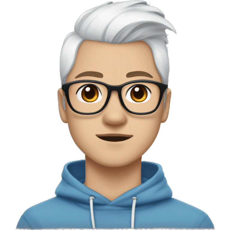 A young guy long white hair pulled back into a ponytail and white skin and black-framed glasses and nose piercing wearing blue hoodie and a Shiba Inu dog next to him emoji