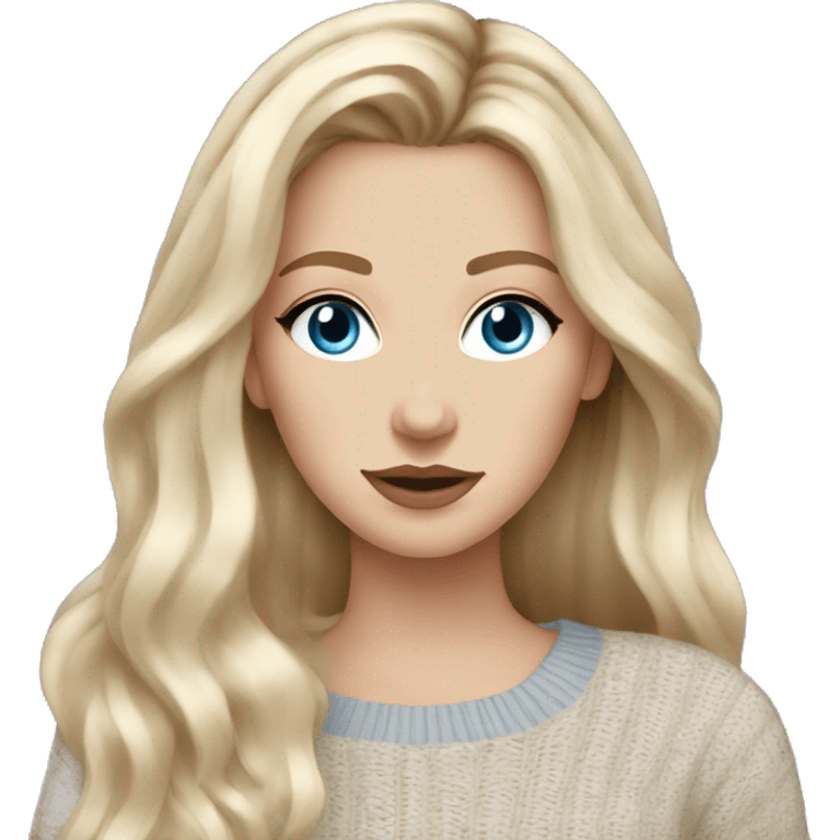 White girl blue eyes Blonde balayage long hair beige sweater emoji