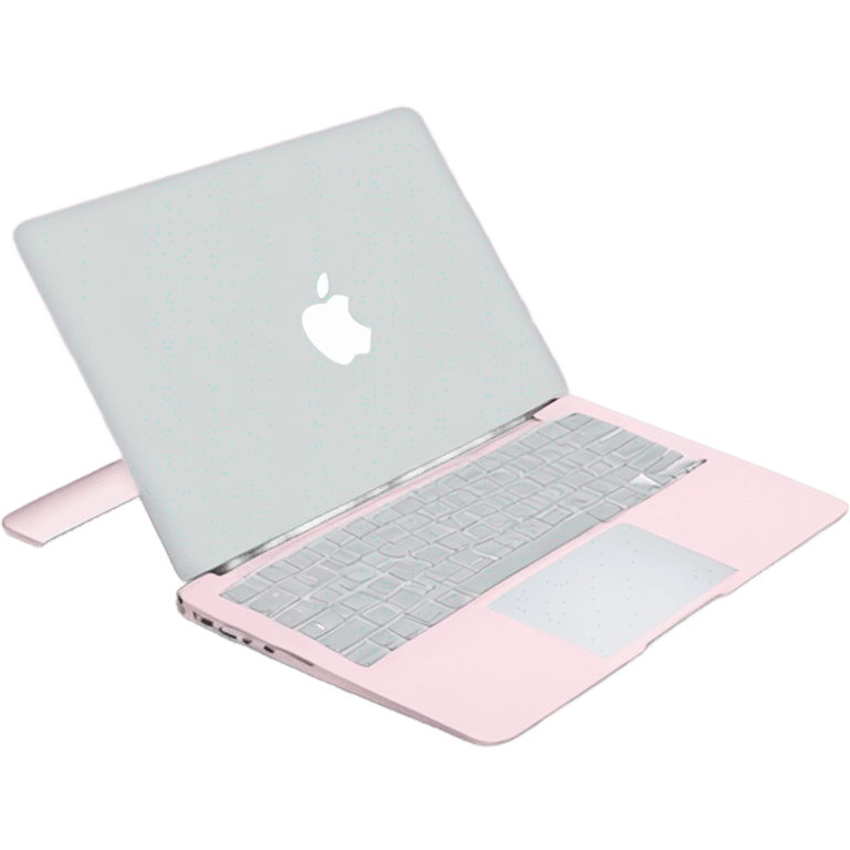 A sleek and modern MacBook Air laptop in a soft pastel pink color. The Apple logo on the back of the screen is white, contrasting elegantly with the pink finish. The laptop is slightly open, showing a glimpse of the white keyboard and silver edges. The design is minimalist and stylish, reflecting a premium aesthetic. emoji