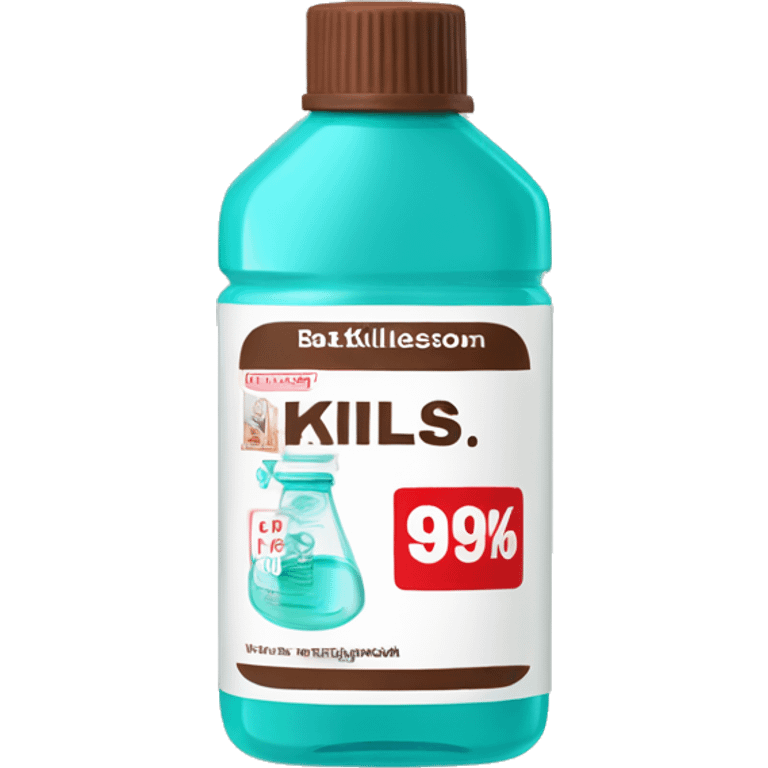 Turquoise Mouthwash bottle with white stickers and brown cap . the white stickers have small red letters that say kills 99% of batería  emoji