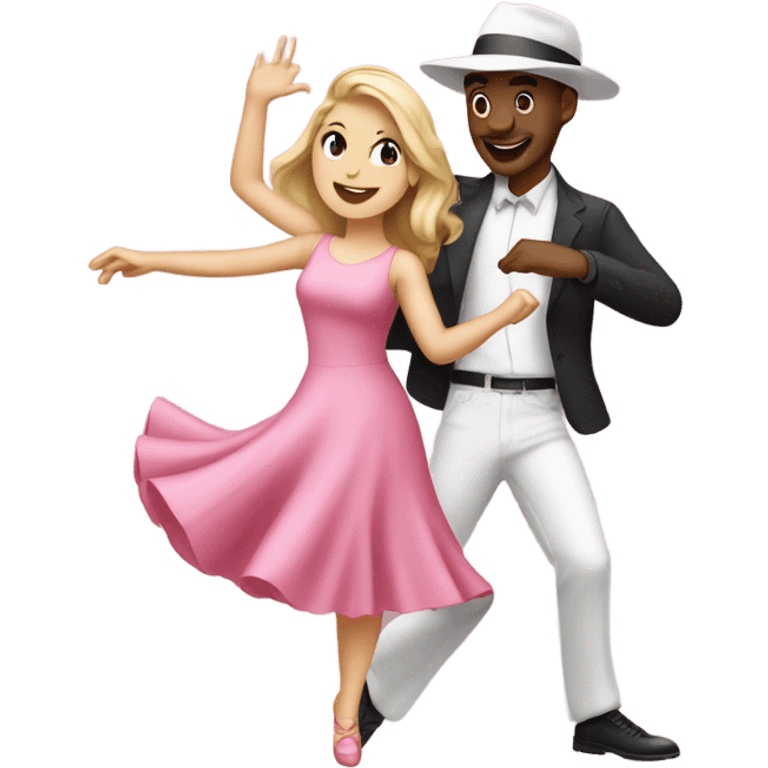 A white girl dancing in a pink dress with white Caucasian guy dancing in a pink hat emoji