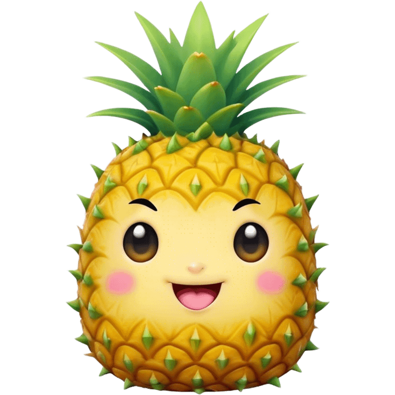 Cute Kawaii Pineapple, tiny and round, bright golden yellow with a spiky green top, chubby cheeks, playful winking expression, soft pastel textures, sweet and tropical vibes! emoji