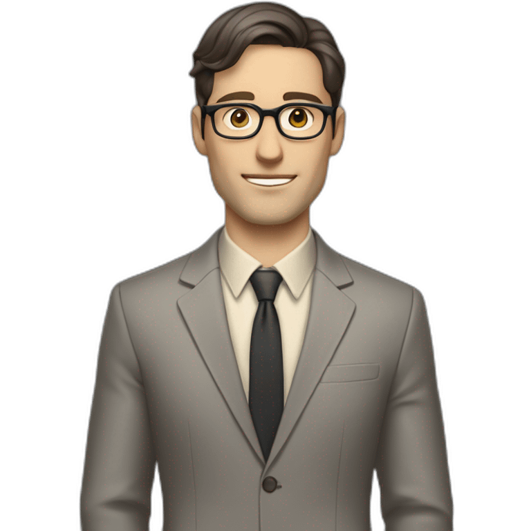 Full height Pale skinned Fit Man With dark brown hair in classic gray suit, beige office shirt, dark gray tie, and vintage glasses. Thrumbs of his palms directed up emoji