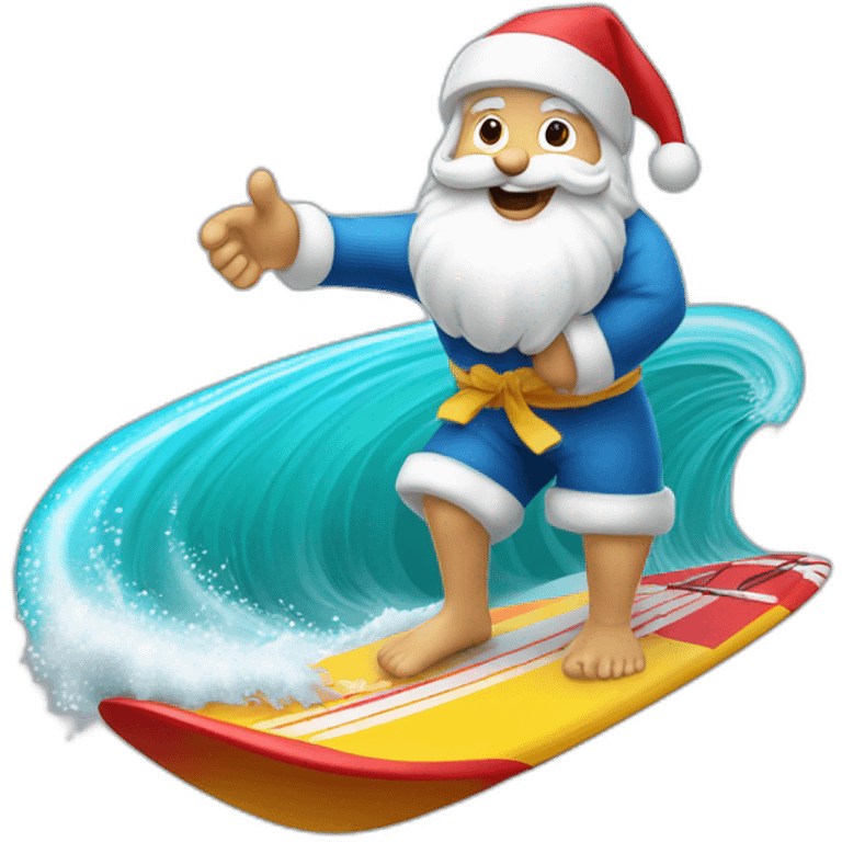 père noel sur surf sur vague et signe cool emoji