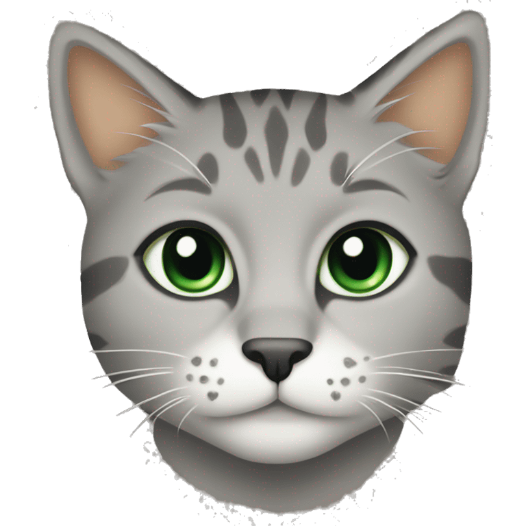 Grey and tan cat with a tan diamond pattern on her forehead and green eyes emoji