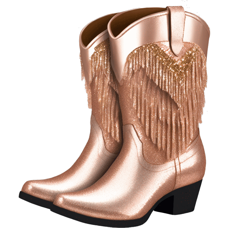 Realistic rose gold pair of fashion cowgirl boots with sparkly shiny glitter fringe on them. emoji