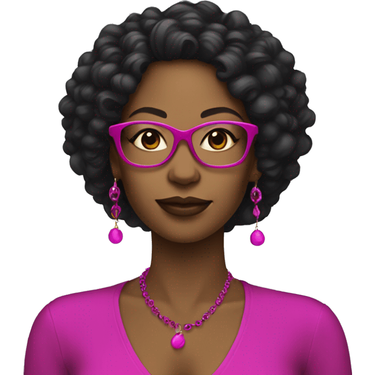 black women with earrings with fuchsia glasses with long black curly hair emoji